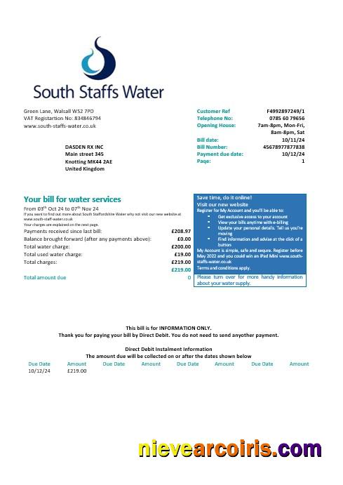 United Kingdom South Staffs Water water business utility bill, version 2